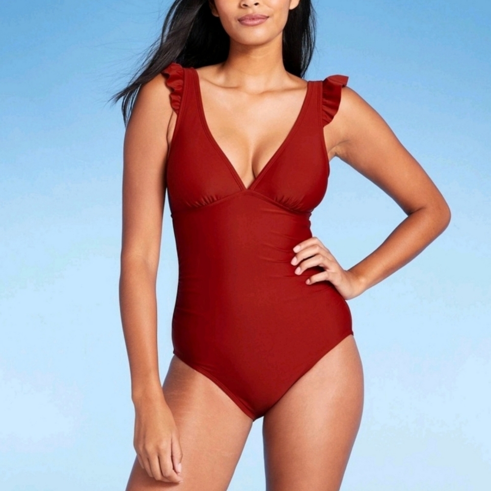 NWT KONA SOL Rust One Piece V-Neck Ruffle Swimsuit Bikini Size 16W